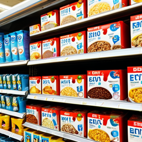 Home 4 **
A vibrant, eye-level shot of a supermarket shelf overflowing with various pre-made meal packaging. Focus on the color psychology: prominent red packaging screaming "Limited Time Offer!", calming blue packaging for what appear to be dairy and water products, and cheerful yellow packaging drawing attention to breakfast cereals. Juxtapose this with eco-friendly cardboard packaging subtly visible, conveying an "eco-conscious" vibe. The scene should evoke a sense of urgency and decision-making. Consider using selective focus to highlight particular packaging elements. Style: Sharp, realistic, marketing photography.
**