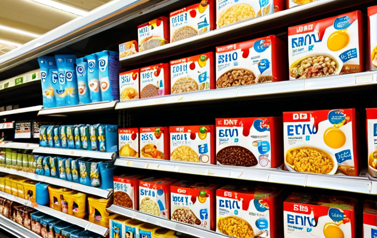 **
A vibrant, eye-level shot of a supermarket shelf overflowing with various pre-made meal packaging. Focus on the color psychology: prominent red packaging screaming "Limited Time Offer!", calming blue packaging for what appear to be dairy and water products, and cheerful yellow packaging drawing attention to breakfast cereals. Juxtapose this with eco-friendly cardboard packaging subtly visible, conveying an "eco-conscious" vibe. The scene should evoke a sense of urgency and decision-making. Consider using selective focus to highlight particular packaging elements. Style: Sharp, realistic, marketing photography.
**