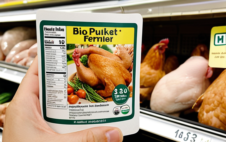 **
A close-up shot of a prepared meal label in a supermarket. Focus on the ingredient list, highlighting words like "poulet fermier" (farm chicken), "bio" (organic), and the absence of long, unpronounceable additives. The overall feeling is one of scrutiny and informed decision-making. Consider including a hand reaching for the product, magnifying glass optional. The setting is a well-lit aisle in a Monoprix or Carrefour.
**