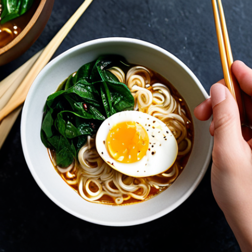 Home 20 A close-up shot of a steaming, exquisitely prepared bowl of instant ramen, transformed with vibrant fresh ingredients. The bowl features perfectly cooked noodles, a soft-boiled egg with a creamy yolk, thinly sliced scallions, delicate shiitake mushroom slices, and vibrant green spinach. The setting is a clean, modern kitchen counter with soft, natural lighting. A person's modest, fully clothed hands are visible, holding chopsticks above the bowl, focusing on the dish's aesthetic. Perfect anatomy, correct proportions, well-formed hands, proper finger count, natural pose. Safe for work, appropriate content, modest clothing, family-friendly, professional food photography, high detail, studio quality, cinematic lighting.