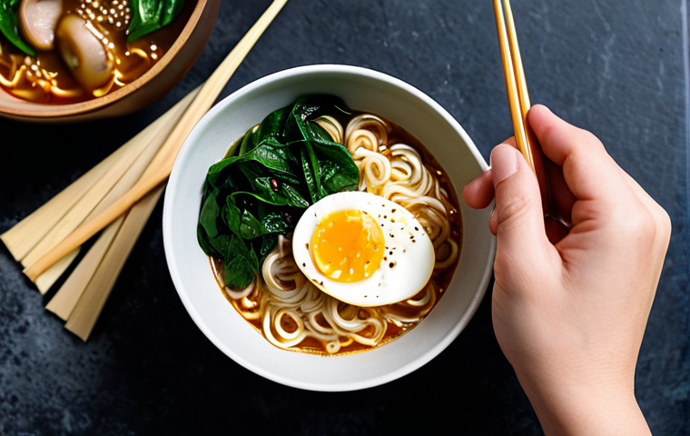 A close-up shot of a steaming, exquisitely prepared bowl of instant ramen, transformed with vibrant fresh ingredients. The bowl features perfectly cooked noodles, a soft-boiled egg with a creamy yolk, thinly sliced scallions, delicate shiitake mushroom slices, and vibrant green spinach. The setting is a clean, modern kitchen counter with soft, natural lighting. A person's modest, fully clothed hands are visible, holding chopsticks above the bowl, focusing on the dish's aesthetic. Perfect anatomy, correct proportions, well-formed hands, proper finger count, natural pose. Safe for work, appropriate content, modest clothing, family-friendly, professional food photography, high detail, studio quality, cinematic lighting.
