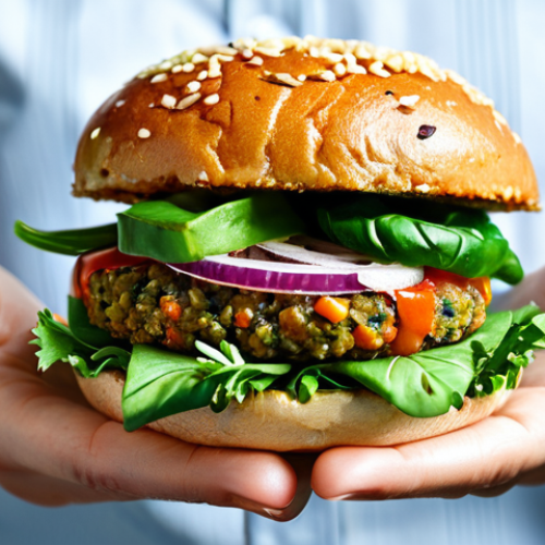 Home 19 Gourmet Veggie Burger**
"A vibrant, close-up shot of a fully clothed person holding a gourmet veggie burger with a lentil and quinoa patty, topped with fresh vegetables, appropriate attire, safe for work, perfect anatomy, well-formed hands, natural pose, professional food photography, bright lighting, family-friendly."
**
