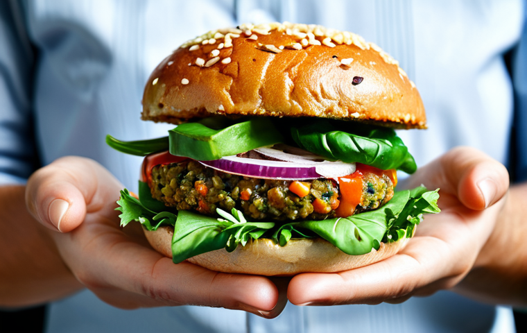 Gourmet Veggie Burger**

"A vibrant, close-up shot of a fully clothed person holding a gourmet veggie burger with a lentil and quinoa patty, topped with fresh vegetables, appropriate attire, safe for work, perfect anatomy, well-formed hands, natural pose, professional food photography, bright lighting, family-friendly."

**