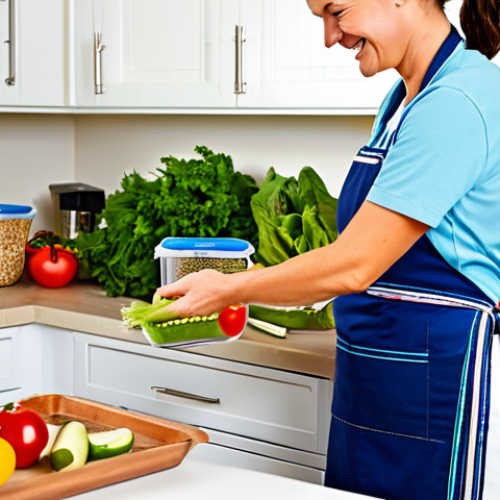 Home 17 인스턴트 제품의 안전성 - Smart Lunch Prep**
A brightly lit kitchen scene featuring a person preparing several colorful, heal...