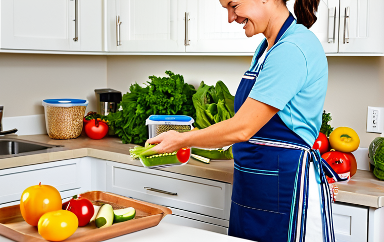 인스턴트 제품의 안전성 - Smart Lunch Prep**
A brightly lit kitchen scene featuring a person preparing several colorful, heal...
