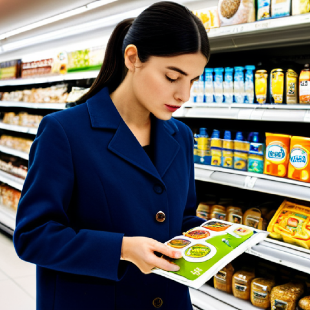 다이어트 인스턴트 식품 - Deciphering Food Labels**

"A woman in a brightly lit supermarket aisle, carefully reading a food la...