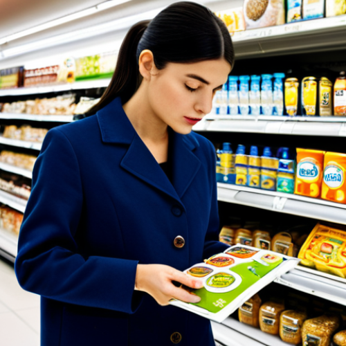Home 4 다이어트 인스턴트 식품 - Deciphering Food Labels**
"A woman in a brightly lit supermarket aisle, carefully reading a food la...