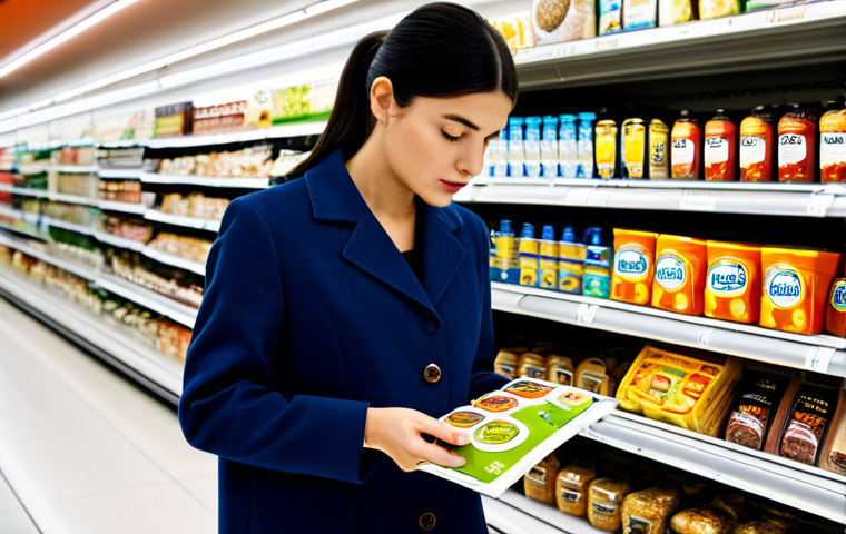 다이어트 인스턴트 식품 - Deciphering Food Labels**
"A woman in a brightly lit supermarket aisle, carefully reading a food la...