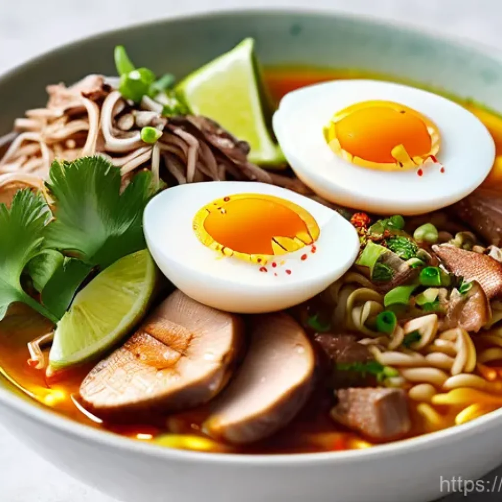 가성비 높은 인스턴트 간편식 - **Gourmet Instant Ramen Bowl:** A beautifully styled close-up shot of a steaming bowl of premium ins...