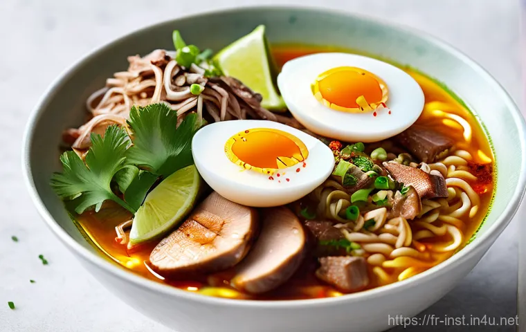 가성비 높은 인스턴트 간편식 - **Gourmet Instant Ramen Bowl:** A beautifully styled close-up shot of a steaming bowl of premium ins...