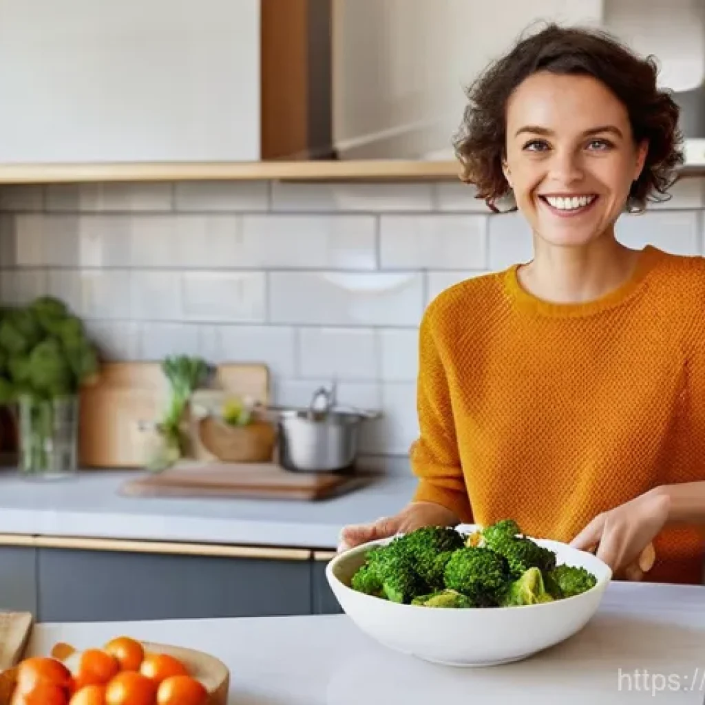 비건 인스턴트 간편식 - **Prompt:** A young French woman, early 30s, with a radiant smile, sitting at a sunlit kitchen islan...