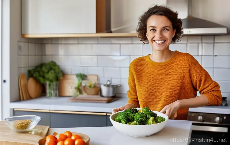 비건 인스턴트 간편식 - **Prompt:** A young French woman, early 30s, with a radiant smile, sitting at a sunlit kitchen islan...