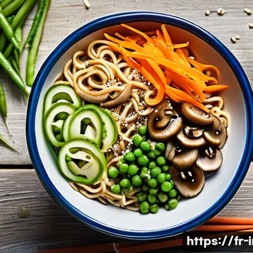저칼로리 인스턴트 라면 - A vibrant, top-down view of a healthy instant noodle bowl designed for a light diet, featuring whole...