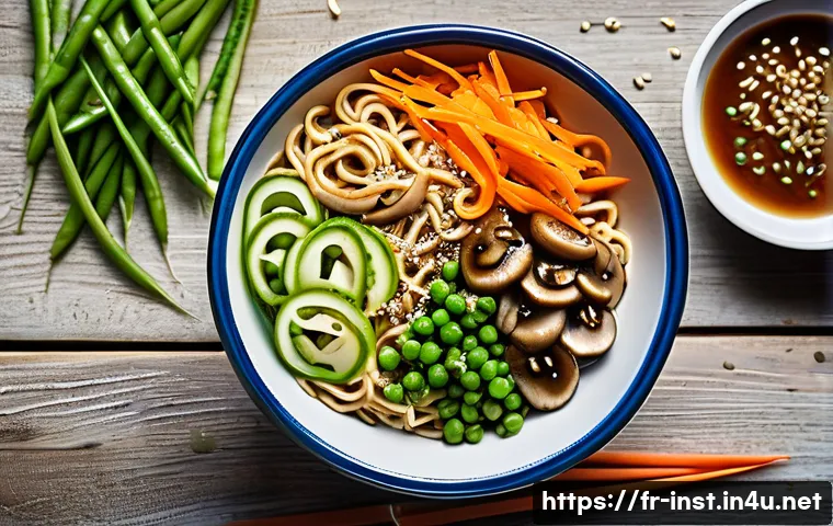 저칼로리 인스턴트 라면 - A vibrant, top-down view of a healthy instant noodle bowl designed for a light diet, featuring whole...
