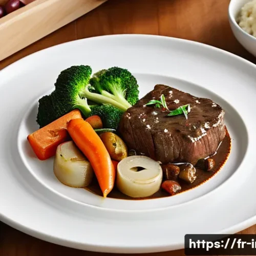 간편식 제품의 다양성 - A vibrant, modern kitchen scene showcasing a gourmet ready-to-eat meal featuring a fusion dish: beef...