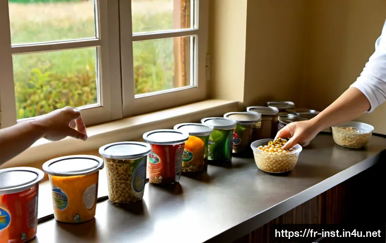 Home 15 인스턴트 제품의 건강 요소 - Photorealistic French kitchen counter scene comparing a colorful assortment of unbranded instant mea...