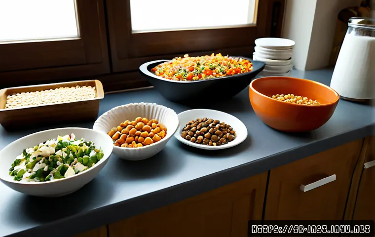 영양가 높은 인스턴트 제품 - Photorealistic French kitchen counter featuring a neatly arranged selection of nutritious instant fo...