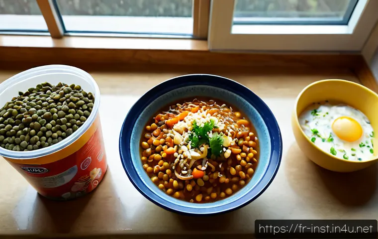 인스턴트 식품의 영양소 - Photorealistic overhead kitchen-table comparison of a colorful instant noodle cup, canned soup, froz...
